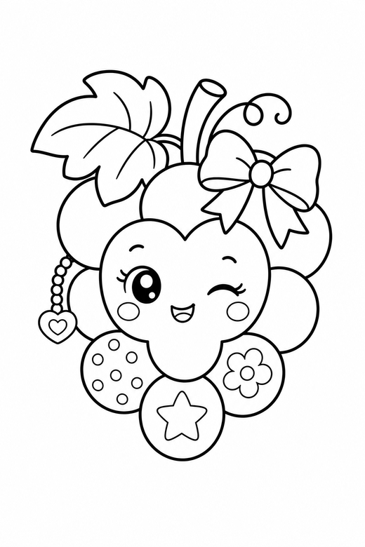 Bunch of grapes winking with a bow: A small bunch of grapes winking one eye wearing a small ribbon bow, with small decorative details such as tiny patterns and a little accessory, free printable coloring page