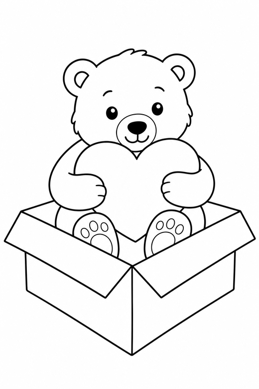 Polar bear cub hugging a heart in a box: A polar bear cub hugging a heart shape inside a cardboard box, in a very simple minimal style with only a few lines, free printable coloring page
