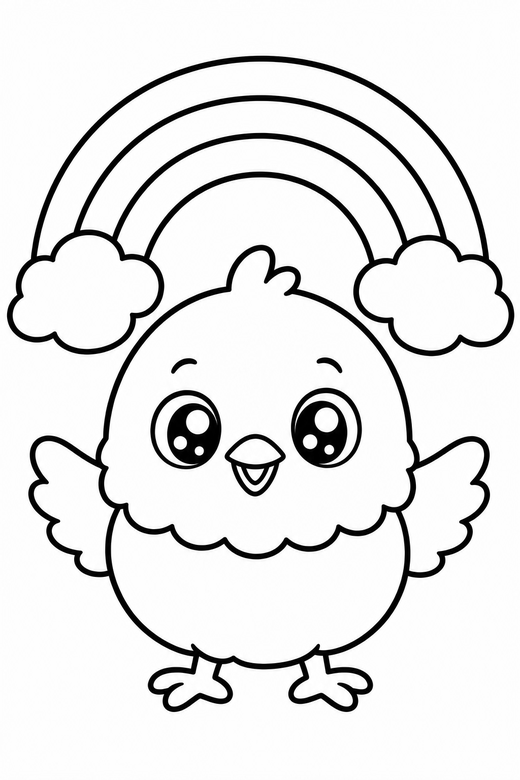 Chick starry-eyed under a rainbow: A round fluffy chick with big sparkling eyes under a tiny rainbow, in a chunky sticker style with an extra thick outline, free printable coloring page