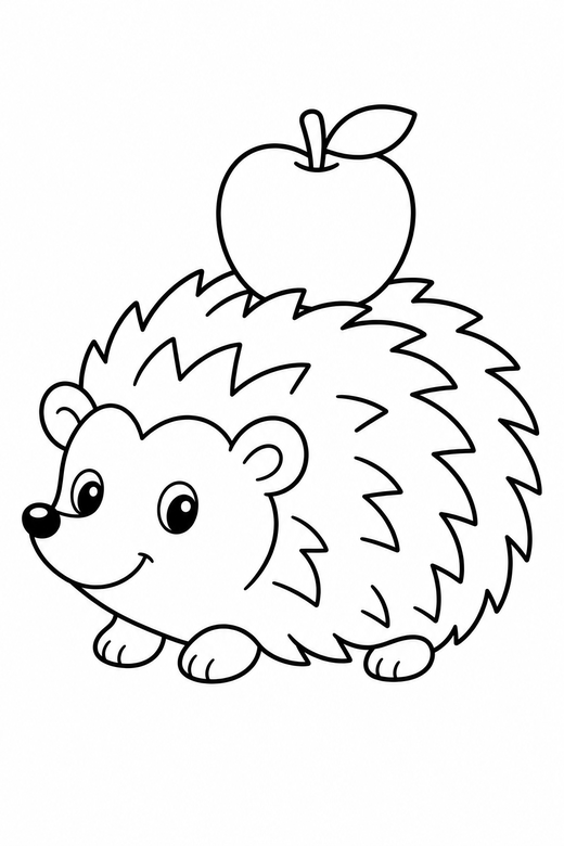 Hedgehog with an apple: A round hedgehog carrying one apple on its back, free printable coloring page