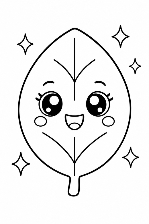 Leaf starry-eyed with sparkles: A single rounded leaf with big sparkling eyes with small sparkle shapes around it, in a soft rounded kawaii style, free printable coloring page