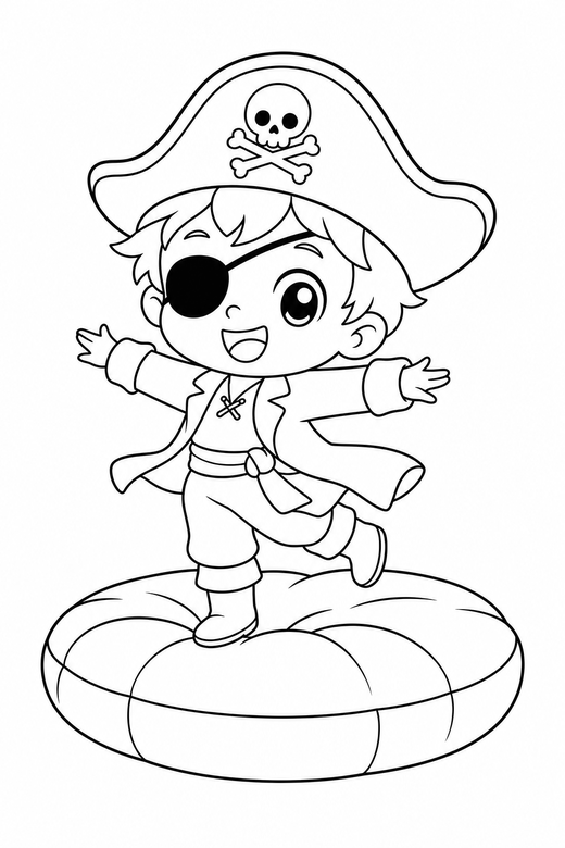 Little pirate twirling on a cushion: An original chibi child with a pirate hat and eyepatch twirling with arms out on a big round cushion, in a chibi style with an oversized head and a tiny body, free printable coloring page