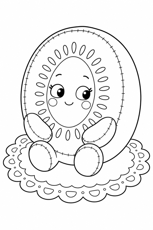 Kiwi half shy on a doily: A kiwi cut in half showing the seeds with a shy sideways glance sitting on a lace doily, drawn to look like a soft plush toy with visible stitch lines, free printable coloring page
