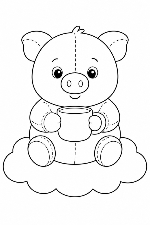 Piglet with a mug on a cloud: A round piglet holding a mug with both paws resting on a soft cloud, drawn to look like a soft plush toy with visible stitch lines, free printable coloring page