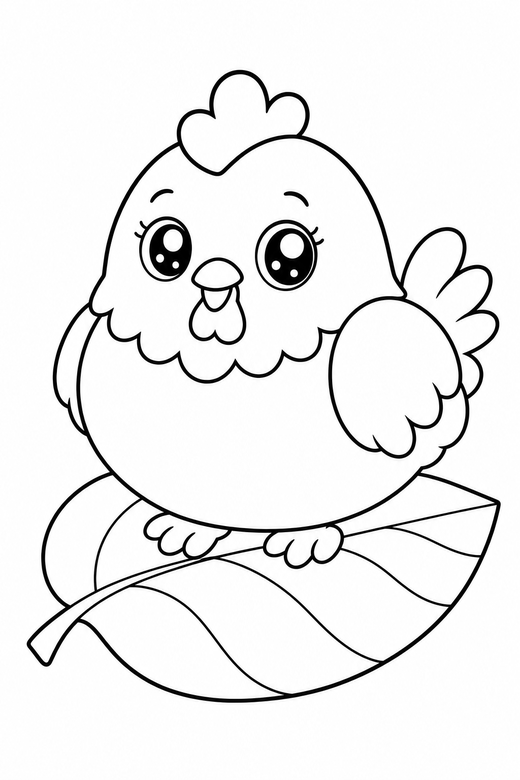 Hen starry-eyed on a leaf: A round hen with big sparkling eyes on a broad leaf, in a soft rounded kawaii style, free printable coloring page