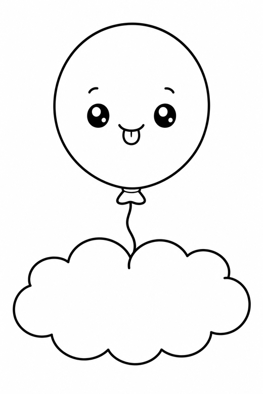 Balloon cheeky on a cloud: A round balloon on a string sticking out a tiny tongue sitting on a soft cloud, in a soft rounded kawaii style, free printable coloring page