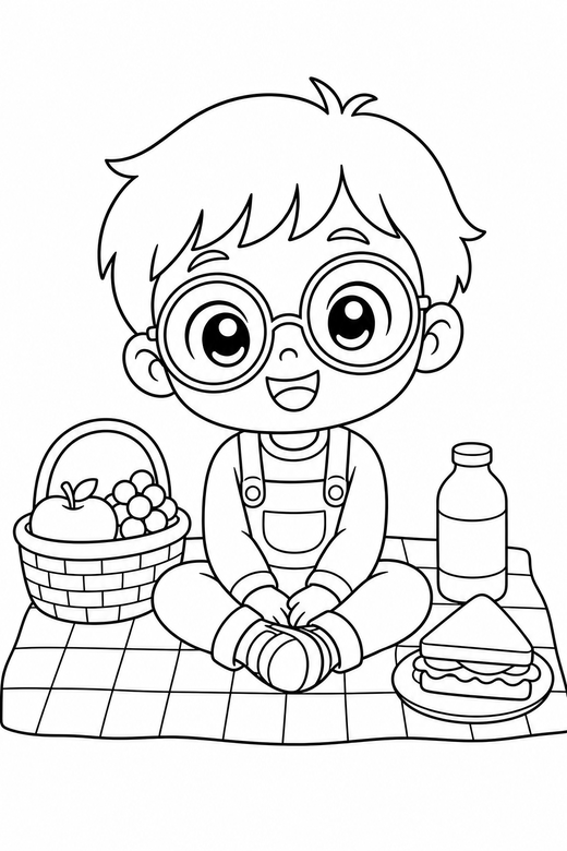 Kid with round glasses sitting: An original chibi child with big round glasses sitting cross-legged on a picnic blanket, in a chibi style with an oversized head and a tiny body, free printable coloring page