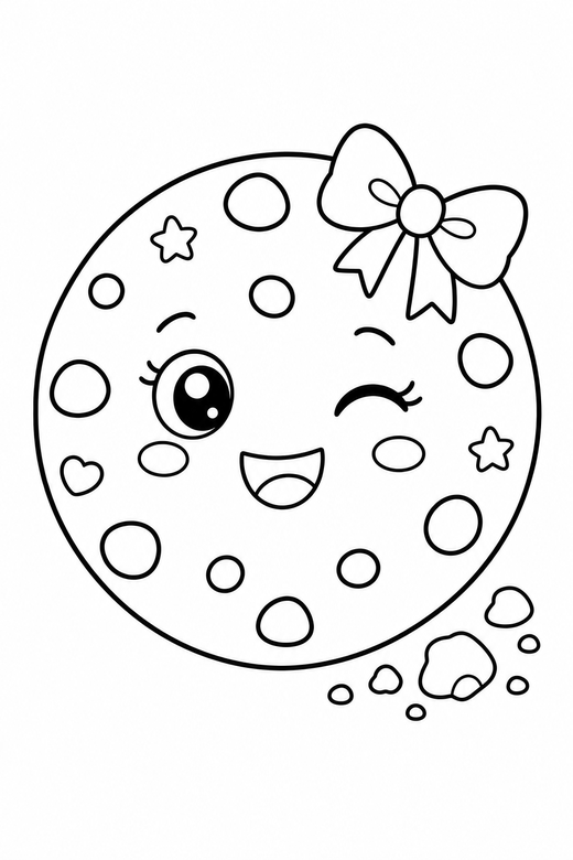 Chocolate chip cookie winking with crumbs: A round cookie with chocolate chips winking one eye with a few crumbs beside it, with small decorative details such as tiny patterns and a little accessory, free printable coloring page