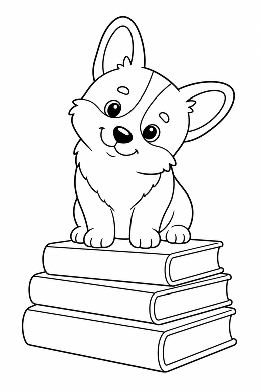 Corgi head tilted on books: A short-legged corgi tilting its head to one side on a stack of books, in a very simple minimal style with only a few lines, free printable coloring page