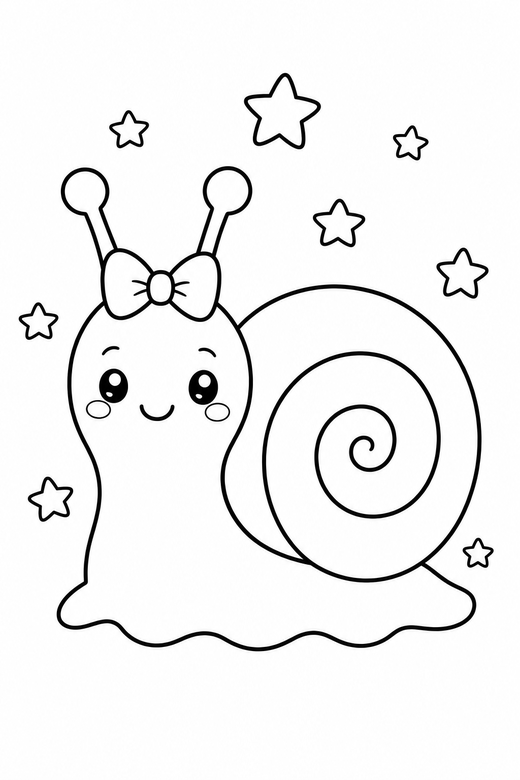 Snail with a bow with stars: A snail with a spiral shell with a tiny bow on its head with little stars around it, in a soft rounded kawaii style, free printable coloring page