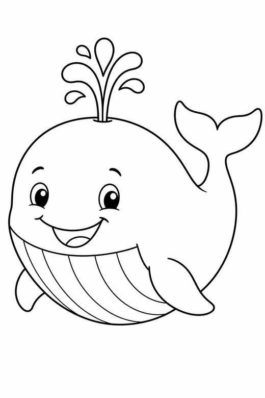 Whale with a spout: A chubby whale with a water spout and a friendly smile, free printable coloring page