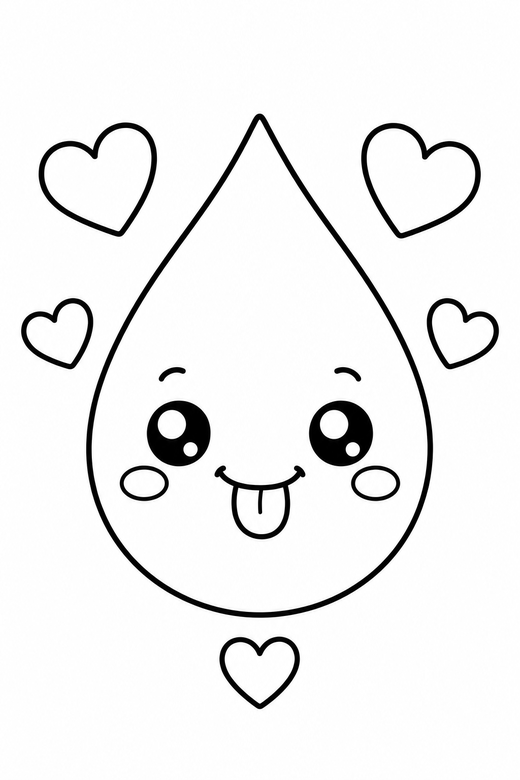 Raindrop cheeky with hearts: A single raindrop sticking out a tiny tongue with tiny hearts around it, in a soft rounded kawaii style, free printable coloring page