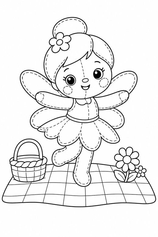Tiny fairy twirling on a picnic blanket: An original chibi fairy with small wings twirling with arms out on a picnic blanket, drawn to look like a soft plush toy with visible stitch lines, free printable coloring page