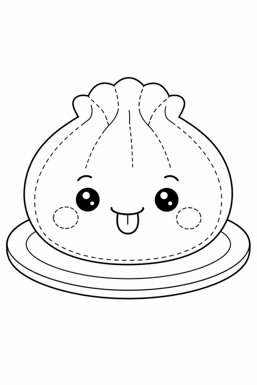 Dumpling cheeky on a plate: A pleated dumpling sticking out a tiny tongue on a small round plate, drawn to look like a soft plush toy with visible stitch lines, free printable coloring page