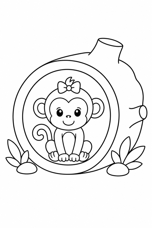 Monkey with a bow in a log: A small monkey with a tiny bow on its head inside a hollow log, in a very simple minimal style with only a few lines, free printable coloring page