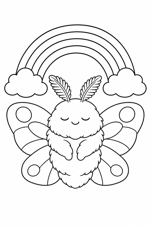 Moth content under a rainbow: A fluffy moth with eyes closed contentedly under a tiny rainbow, in a soft rounded kawaii style, free printable coloring page