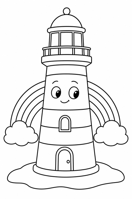 Lighthouse shy with a rainbow: A striped lighthouse with a shy sideways glance with a tiny rainbow behind it, in a very simple minimal style with only a few lines, free printable coloring page