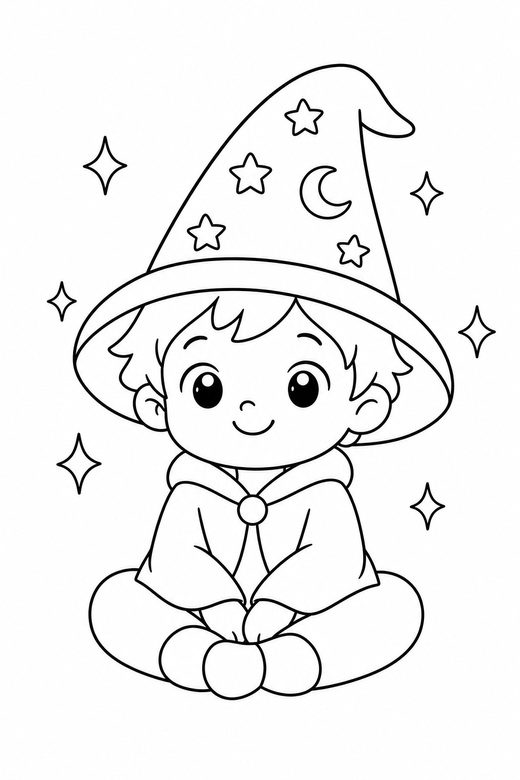 Little wizard sitting with sparkles: An original chibi child in a pointed wizard hat sitting cross-legged with sparkles around, in a very simple minimal style with only a few lines, free printable coloring page