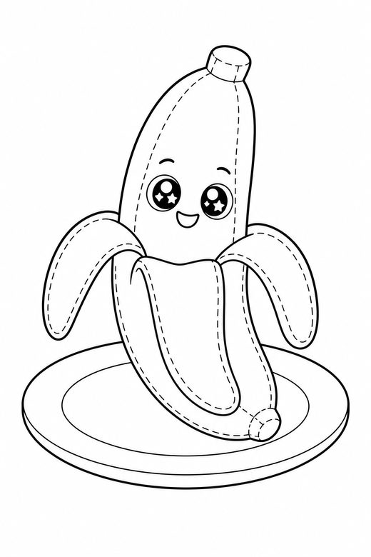 Banana starry-eyed on a plate: A banana with the peel half open with big sparkling eyes on a small round plate, drawn to look like a soft plush toy with visible stitch lines, free printable coloring page
