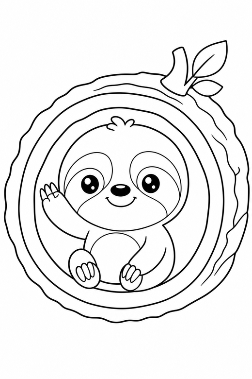 Sloth waving in a log: A round sloth waving one paw inside a hollow log, in a chibi style with an oversized head and a tiny body, free printable coloring page