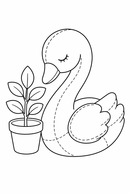 Swan content by a plant: A small swan with eyes closed contentedly beside a small potted plant, drawn to look like a soft plush toy with visible stitch lines, free printable coloring page