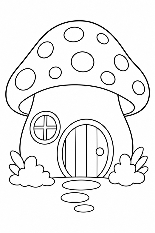 Mushroom house: A small mushroom with a round door and one window, free printable coloring page