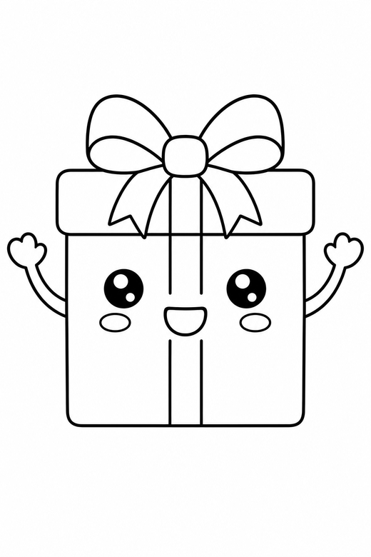Gift box arms up plain: A gift box with a bow with tiny stick arms raised on a plain background with generous white space, in a soft rounded kawaii style, free printable coloring page