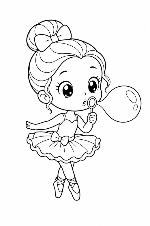 Little ballerina blowing a bubble plain: An original chibi ballerina in a tutu blowing a soap bubble on a plain background with generous white space, in a chibi style with an oversized head and a tiny body, free printable coloring page