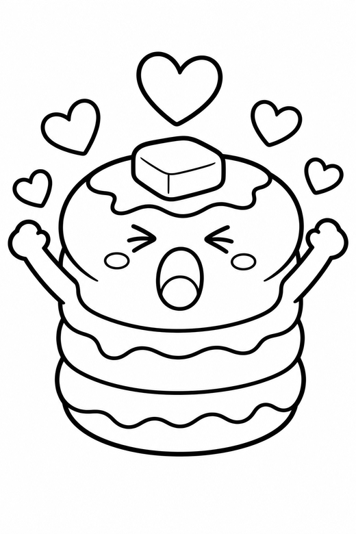 Pancake stack yawning with hearts: A stack of three pancakes with a pat of butter on top mid-yawn with eyes squeezed shut with tiny hearts floating around them, in a chunky sticker style with an extra thick outline, free printable coloring page