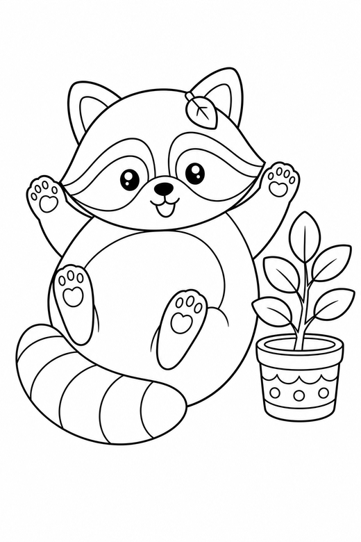 Raccoon on its back by a plant: A round raccoon lying on its back with paws in the air beside a small potted plant, with small decorative details such as tiny patterns and a little accessory, free printable coloring page