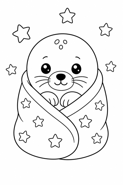 Seal pup in a blanket with stars: A round seal pup wrapped in a small blanket with little stars around it, in a very simple minimal style with only a few lines, free printable coloring page