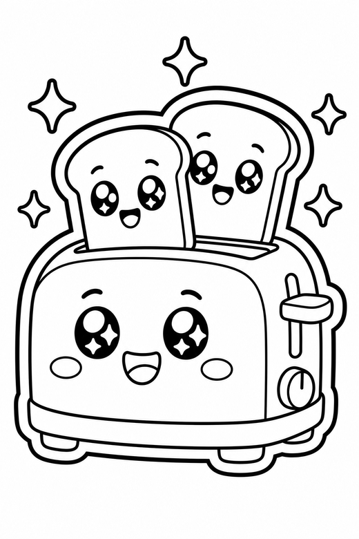 Toaster starry-eyed with sparkles: A toaster with two slices popping up with big sparkling eyes with small sparkle shapes around it, in a chunky sticker style with an extra thick outline, free printable coloring page