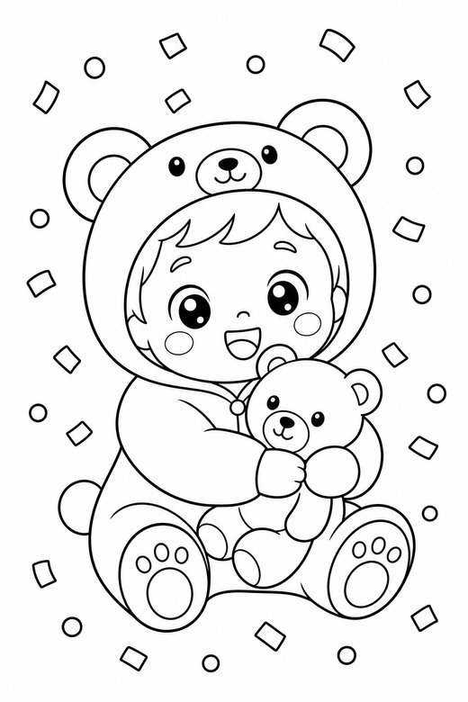 Kid in a bear onesie hugging a plush: An original chibi child in a bear onesie hugging a plush toy with confetti falling, in a soft rounded kawaii style, free printable coloring page