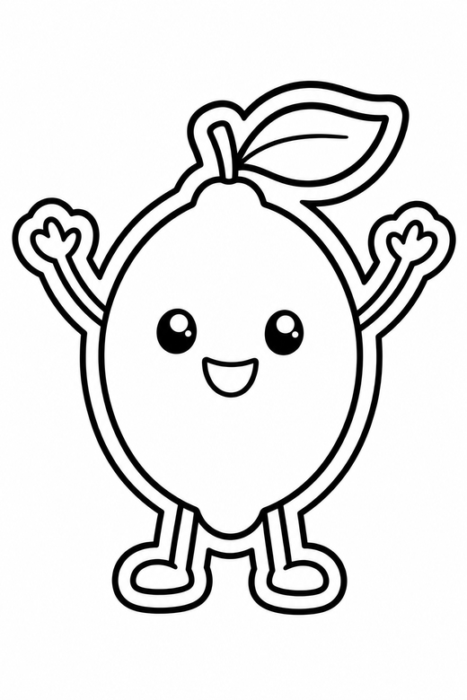 Lemon arms up plain: A whole lemon with a leaf with tiny stick arms raised on a plain background with generous white space, in a chunky sticker style with an extra thick outline, free printable coloring page