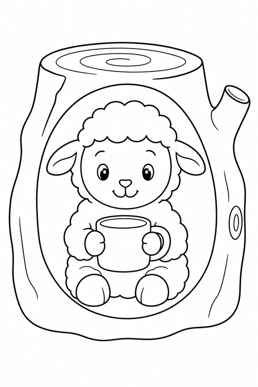 Lamb with a mug in a log: A woolly lamb holding a mug with both paws inside a hollow log, in a very simple minimal style with only a few lines, free printable coloring page