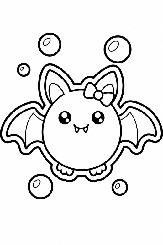 Bat with a bow with bubbles: A round bat with a tiny bow on its head with a few bubbles around it, in a chunky sticker style with an extra thick outline, free printable coloring page