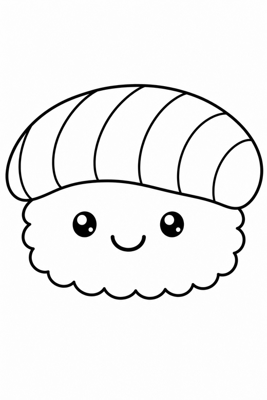 Sushi roll with a face: A piece of sushi with a smiling face, simple and rounded, free printable coloring page