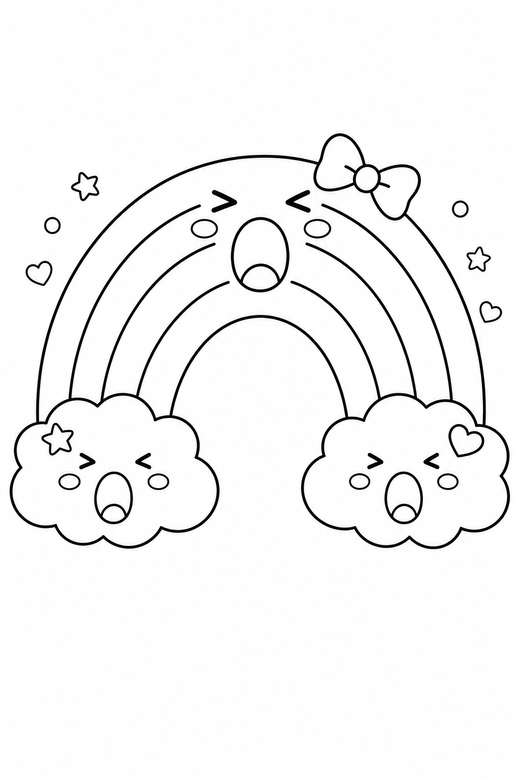 Rainbow yawning plain: A small rainbow arc with a cloud at each end mid-yawn with eyes squeezed shut on a plain background with generous white space, with small decorative details such as tiny patterns and a little accessory, free printable coloring page