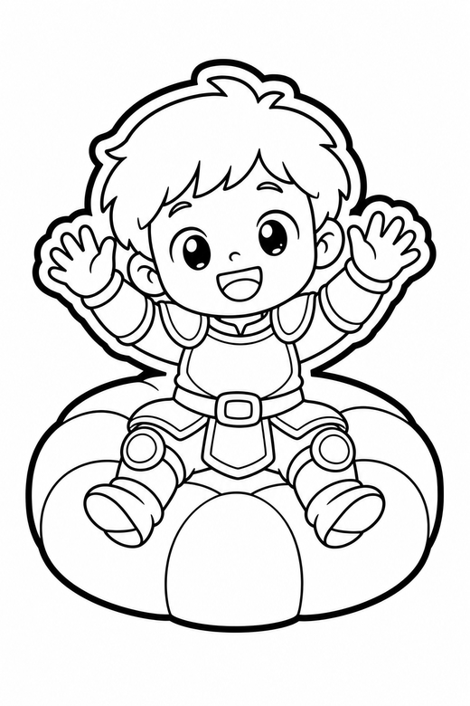 Little knight waving on a cushion: An original chibi child in light armour waving with both hands on a big round cushion, in a chunky sticker style with an extra thick outline, free printable coloring page