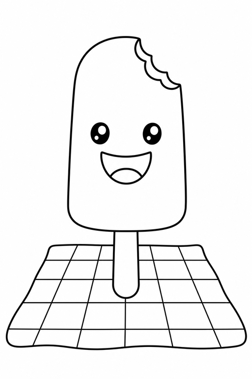 Popsicle smiling on a picnic cloth: A popsicle on a stick with one bite taken with a wide happy smile on a checked picnic cloth, in a very simple minimal style with only a few lines, free printable coloring page