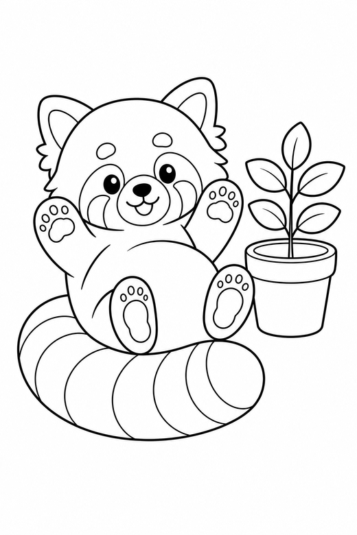 Red panda on its back by a plant: A fluffy red panda lying on its back with paws in the air beside a small potted plant, in a soft rounded kawaii style, free printable coloring page