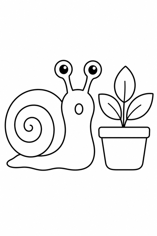 Snail surprised by a plant: A snail with a spiral shell with a surprised round mouth beside a small potted plant, in a very simple minimal style with only a few lines, free printable coloring page
