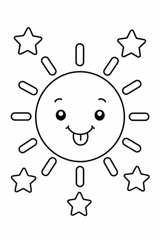 Sun cheeky with stars: A round sun with short rays sticking out a tiny tongue with little stars around it, in a very simple minimal style with only a few lines, free printable coloring page