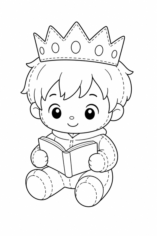 Boy with a paper crown reading plain: An original chibi boy wearing a paper crown reading a small book on a plain background with generous white space, drawn to look like a soft plush toy with visible stitch lines, free printable coloring page