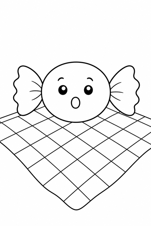 Wrapped candy surprised on a picnic cloth: A wrapped candy with twisted ends with a surprised round mouth on a checked picnic cloth, in a very simple minimal style with only a few lines, free printable coloring page