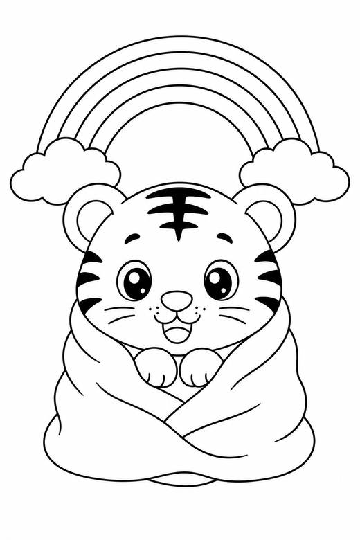Tiger cub in a blanket under a rainbow: A tiger cub wrapped in a small blanket under a tiny rainbow, in a chibi style with an oversized head and a tiny body, free printable coloring page