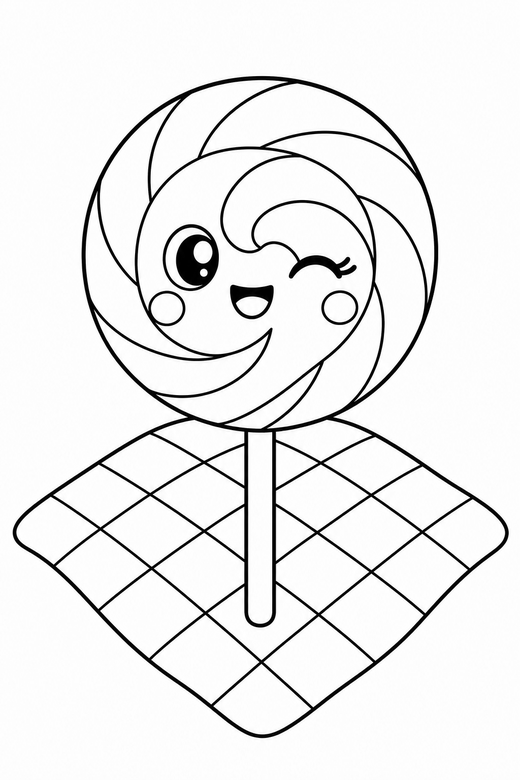 Lollipop winking on a picnic cloth: A round swirl lollipop on a stick winking one eye on a checked picnic cloth, in a soft rounded kawaii style, free printable coloring page