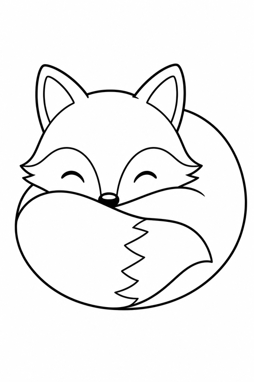 Fox curled up: A small fox curled into a circle with its tail over its nose, free printable coloring page