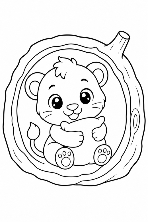 Lion cub hugging a cushion in a log: A lion cub hugging a small cushion inside a hollow log, in a chibi style with an oversized head and a tiny body, free printable coloring page