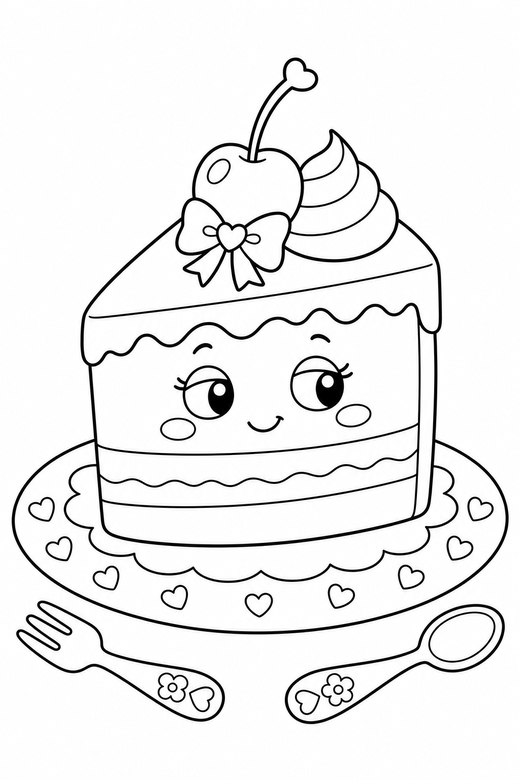 Cake slice shy with cutlery: A slice of layered cake with a cherry on top with a shy sideways glance with a tiny fork and spoon beside it, with small decorative details such as tiny patterns and a little accessory, free printable coloring page
